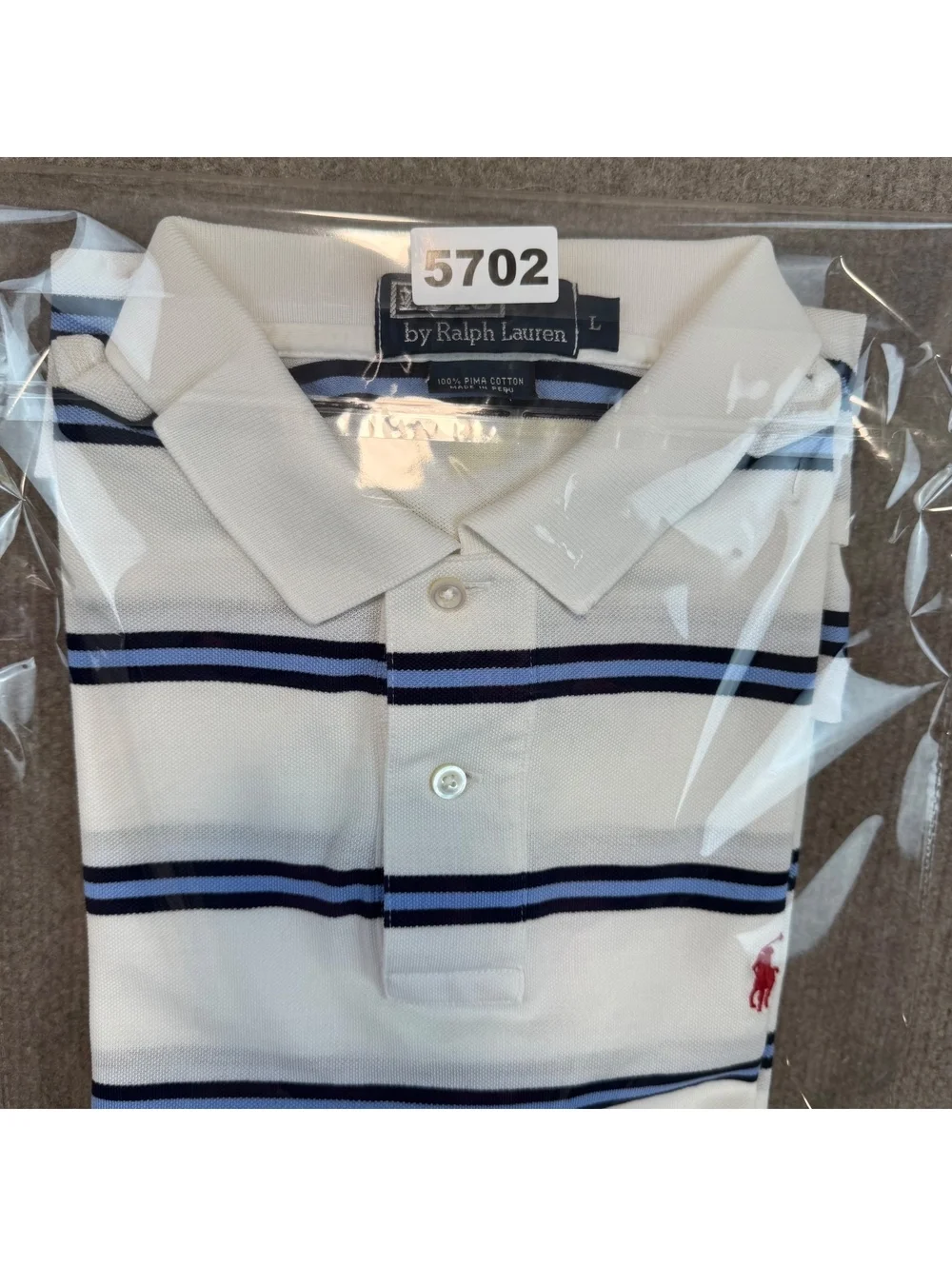 Polo Ralph Lauren Vintage White Striped Pima Cotton Polo Shirt Mens L Red Pony